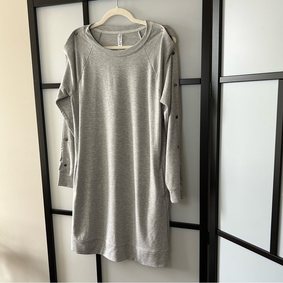 [S] Kyodan Women’s Cozy Fall Light Grey Rip Snap Button Long Sleeve Midi Dress - Picture 2 of 11